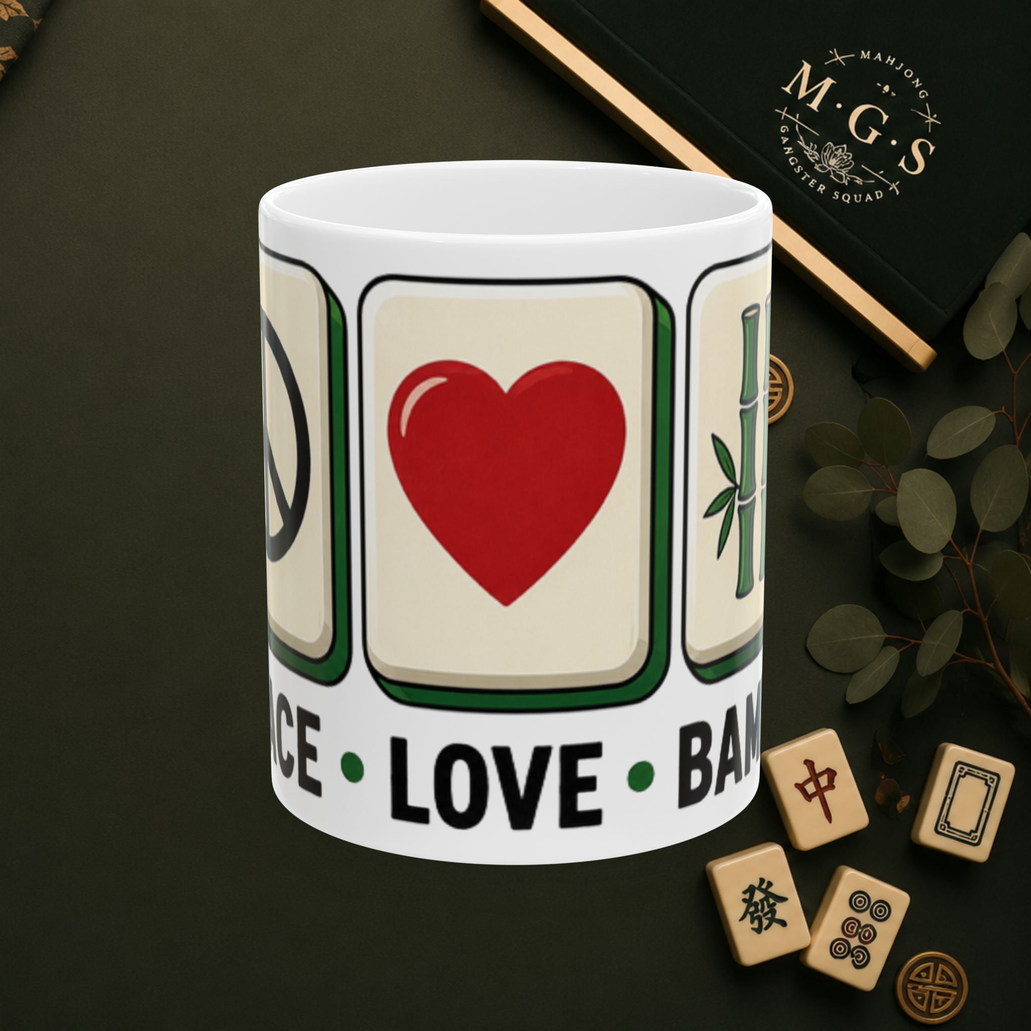 Mahjong Gangster Squad Ceramic Coffee Cup– "Peace, Love, Bamboo"