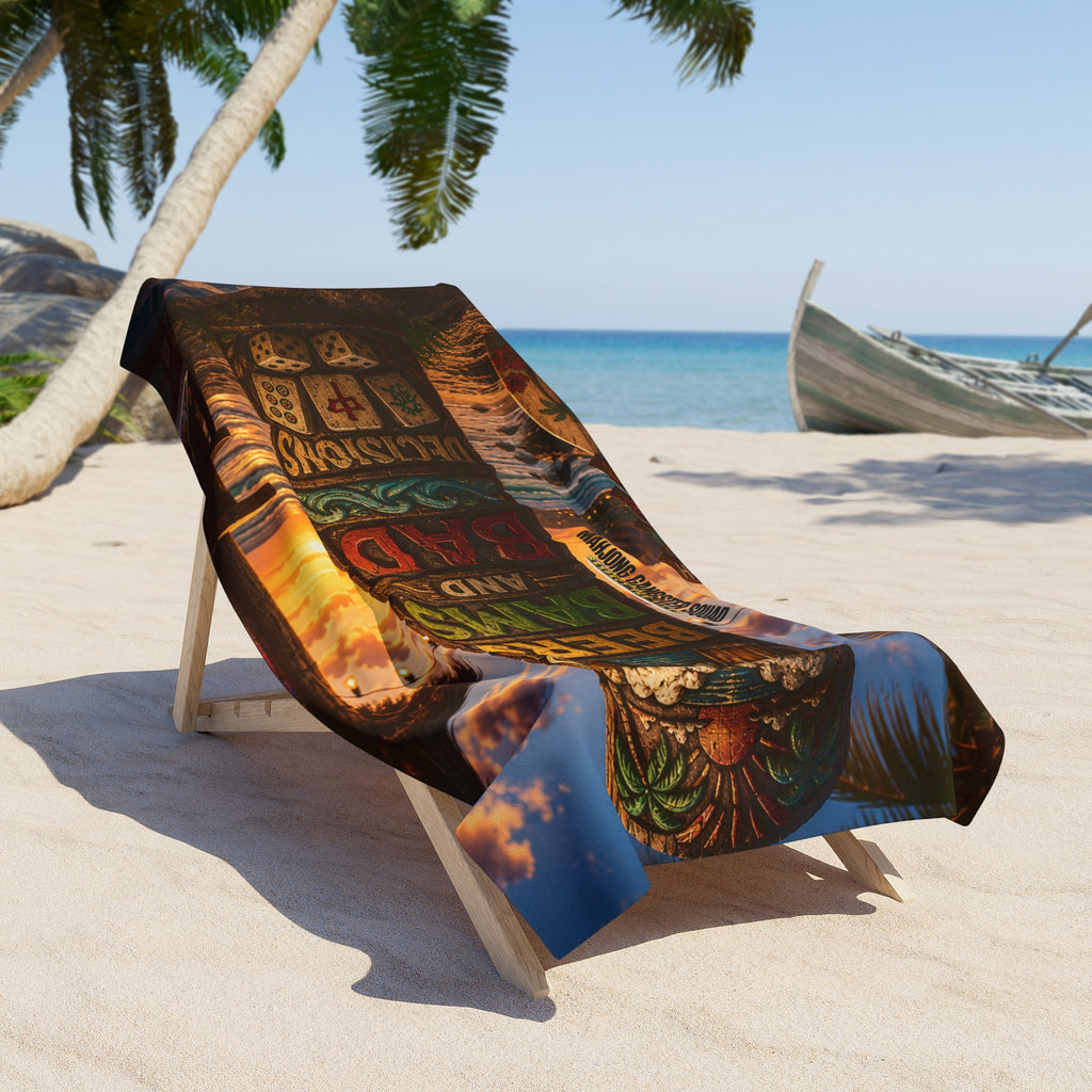 Mahjong Gangster Squad — "Beers, Bams, and Bad Decisions" Beach Towel